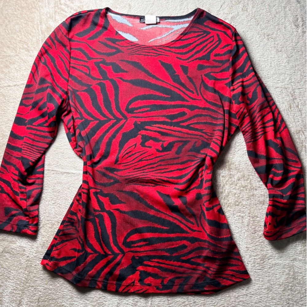 Y2K KC Stevens Womens Red Black Zebra Print Long Sleeve‎ Top IndieSleeze Grunge